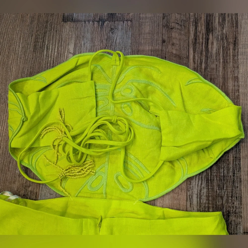 NWT Farm Rio Lime Green Monstera Midi Linen Viscose Blend Dress Size Medium - Picture 8 of 14